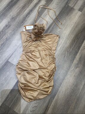 Strapless Gold Ruched Cocktail Dress with Floral Detail